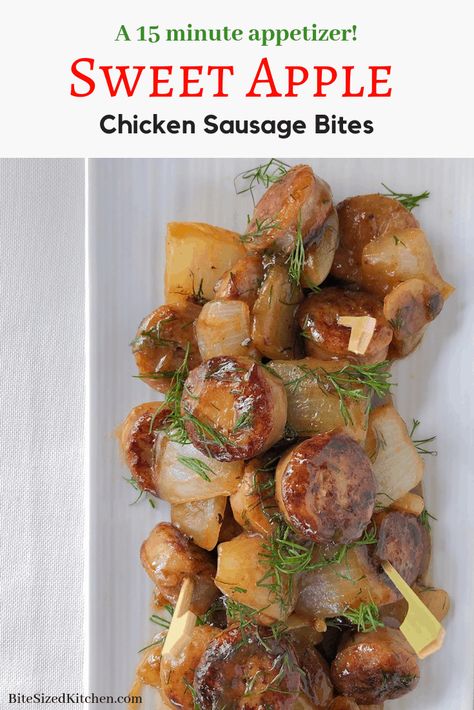 An easy gluten free appetizer for a crowd or party! Chicken Apple Sausage Bites! Skewer them or serve alongside toothpicks for a fun finger food! #skewers #sausage #bites Sausage Skewers Appetizers, Chicken Sausage Appetizer, Sausage Skewers, Sausage Bites, Food Skewers, Sausage Appetizers, Chicken Apple, Chicken Apple Sausage, Main Entrees