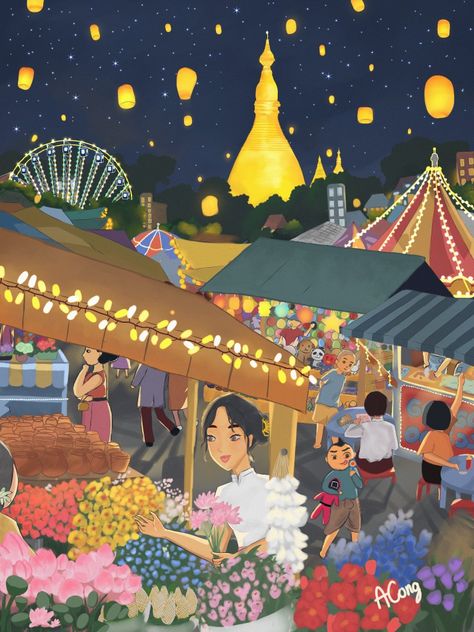 Myanmar Illustration Art, Myanmar Festival Drawing, Thadingyut Festival Drawing, Thadingyut Festival Photo, Thadingyut Festival Design, Myanmar Festival, Myanmar Aesthetic, Thadingyut Festival, Lighting Festival