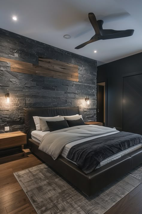 Discover serenity in sleek design with our collection of 20+ dark bedroom aesthetic ideas, showcasing how to achieve a peaceful ambiance with subdued hues and modern flair. Black Mens Bedroom, Modern Men’s Bedroom, Modern Dark Bedroom, Dark Bedroom Aesthetic, Bedroom Aesthetic Ideas, Peace And Calm, Themed Rooms, Dark Bedroom, Mens Bedroom