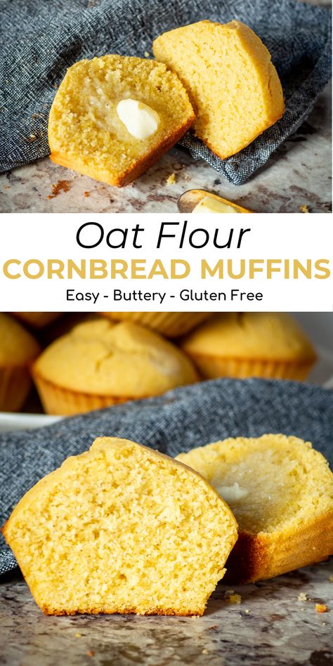 Dive into gluten-free goodness with oat flour cornbread muffins—a contemporary take on the traditional favorite. Perfect alongside chilis, soups, stews, salads, and beyond, these muffins pleased testers who couldn't spot the absence of wheat flour. Uncover a quick bread variation in the post. Oat Flour Cornbread, Oat Flour Banana Recipes, Healthy Cornmeal Recipes, Gluten Free Oat Flour Recipes, Healthy Cornbread Muffins, Wheat Free Bread Recipes, Oat Flour Bread, Vegan Cornbread Muffins, Corn Flour Recipes