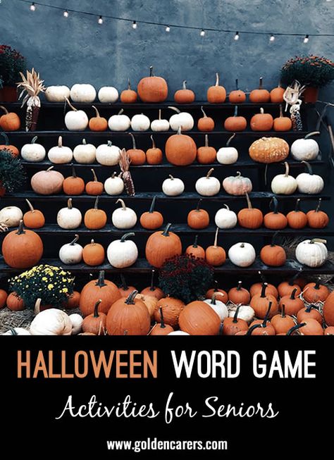 Halloween Word Game: This game can be played as a pen and paper game individually, or in pairs, or as a group activity on  a black board/white board.   The answsers to the following clues can all be found in the letters of HALLOWEEN. Halloween Word Games, Halloween Scattergories, Halloween Trivia Questions, Halloween Trivia, Activities For Seniors, Nursing Home Activities, Pen And Paper Games, Elderly Activities, Activity Director