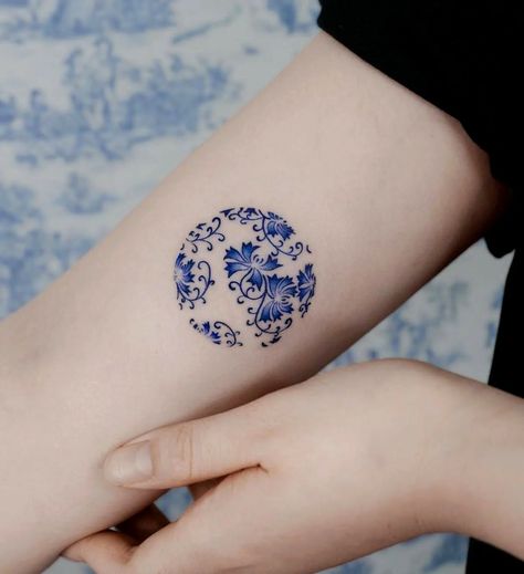 Kintsugi Tattoo Ideas, Kintsugi Tattoo, Blue Ink Tattoos, Doctor Tattoo, Beauty Tattoo, Blue Tattoo, Circular Frame, Aesthetic Tattoo, Delft Blue