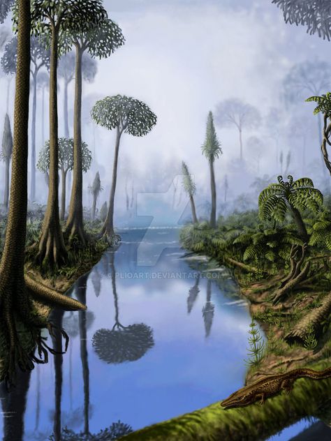 Carboniferous period by Plioart on DeviantArt Prehistoric Plants, Carboniferous Period, Prehistoric World, Book Board, Prehistoric Art, Paleo Art, Extinct Animals, Dinosaur Art, Prehistoric Creatures