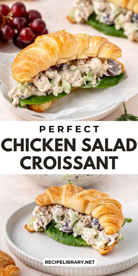 This chicken salad croissant recipe is a fresh take on a classic, featuring zesty lemon, crisp dill, and sweet, juicy grapes. It’s perfect for brunch or a quick lunch and a delicious way to use up leftover chicken! Chicken Salad And Croissants, Chicken Salad Brunch Ideas, Leftover Chicken Salad Recipes, Croissant Lunch Ideas, Chicken Croissant Recipe, Chicken Salad On Croissant, Chicken Salad Croissant Sandwich, Croissant Appetizers, Chicken Salad Croissants