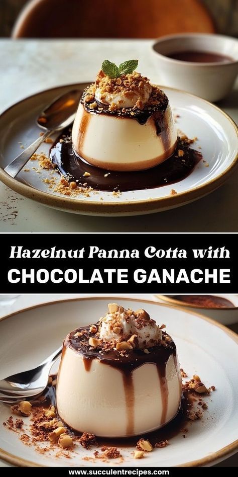 Indulge in this creamy hazelnut panna cotta, topped with a rich chocolate ganache for a decadent, melt-in-your-mouth treat that's perfect for any special occasion. Elegant Christmas Desserts, Hazelnut Dessert, Chocolate Panna Cotta, Dessert Spread, Chocolate Cream, Holiday Desserts, Chocolate Ganache, Kitchen Recipes, Creative Food