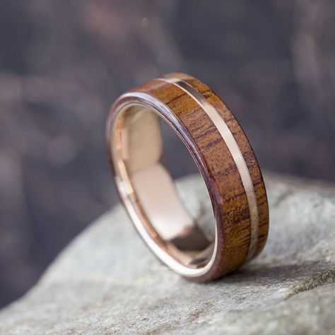 Rose Gold and Wood; Two timeless materials merged into one beautiful wedding band. See more here: https://www.etsy.com/listing/530091165/rose-gold-koa-wood-ring-wooden-wedding?ga_search_query=rose+gold+wood&ref=shop_items_search_3?utm_source=Wedding-Chick Koa Wood Ring, Wooden Wedding Bands, Wooden Wedding Ring, Wood Wedding Band, Cool Wedding Rings, Koa Wood, Wedding Rings Rose Gold, Rose Gold Wedding Bands, Sapphire Wedding