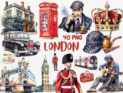 Explore the iconic sights of London with our Watercolor London Clipart! This exquisite collection brings to life the majestic Big Ben, the grand Buckingham Palace, the soaring London Eye, and the regal British Crown, all painted in vibrant watercolors. Perfect for travel-themed projects, educational materials, or any design that seeks to capture the essence of London's rich heritage and modern charm. Available for instant download for commercial use, these illustrations are ready to add... London Clipart, Watercolor London, Crocodile Illustration, Crown Illustration, Buckingham Palace London, Camping Clipart, Travel Clipart, Palace London, House Clipart