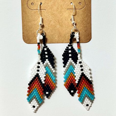 Beaded Feather Earrings, Beaded Feather, Native Crafts, Bethlehem Pa, Handmade Earrings Beaded, Beading Ideas, Beads Earrings, White And Orange, Bead Work Jewelry