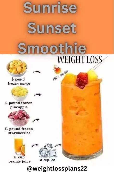 Sunrise Sunset Smoothie, Sunset Smoothie, Strawberry Pineapple Smoothie, Tropical Fruit Smoothie, Orange Juice Smoothie, Orange Smoothie Recipes, Strawberry Mango Smoothie, Tropical Smoothie Recipes, Pineapple Smoothie Recipes