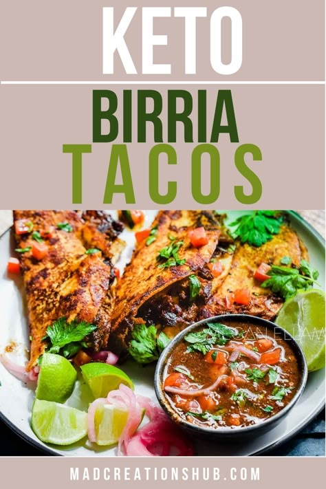 The easiest and most delicious Birria Tacos. Enjoy this low carb, keto-friendly recipe using keto tortillas and an amazing birria in consommé that the whole family will enjoy! #birriatacos #tacos #mexicanrecipes #ketotacos #ketorecipes Low Carb Birria Tacos, Easiest Keto Meals, Carnivore Diet Tacos, Keto Birria Tacos, Keto Birria, Keri Diet, Handheld Meals, Barrio Tacos, Ketovore Recipes