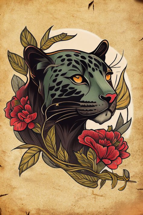 Looking for a tattoo that captures the essence of traditional tattoo art? Our Traditional Panther Tattoo design features intricate details and a vintage flair that will transport you to the golden age of tattooing. Get it now on Redbubble and add a touch of old-school cool to your style. #TraditionalTattoo #PantherTattoo #Panther #PantherDesign #OldSchoolTattoo #AmericanTraditional American Traditional Tiger Tattoo Design, Traditional Panther Tattoo Design, Traditional Tattoo Panther, Panther Tattoo Design, Tattoo Leopard, Tattoo American Traditional, Traditional Panther, Traditional Panther Tattoo, Infinity Tattoo With Feather