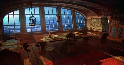 Ship Cabin, Pirates Ship, Concept Art Landscape, Interior Concept Art, Pirate Room, Captains Quarters, Sailboat Interior, Pirate Boats, Bateau Pirate