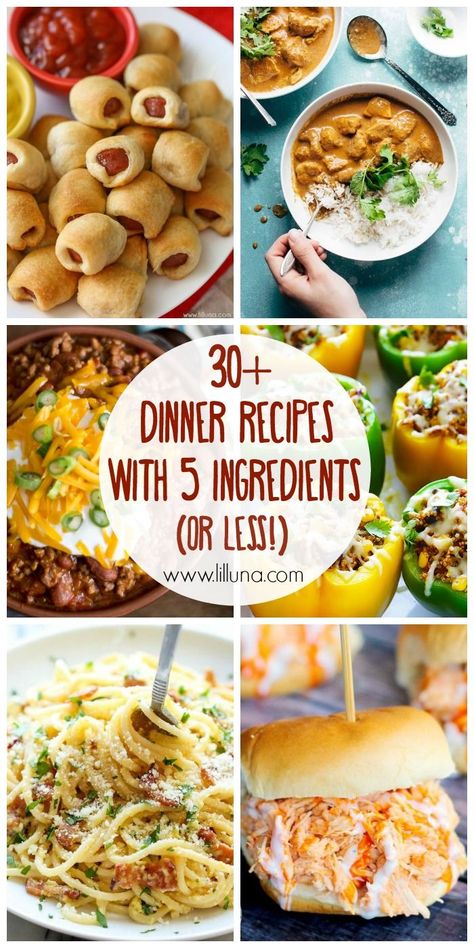 30+ dinner recipes that ALL consist of 5 ingredients OR LESS!! They might be simple recipes, but they're still DELICIOUS! { lilluna.com } 5 Ingredients Or Less, 5 Ingredient Dinners, Fast Dinner Recipes, 5 Ingredient Recipes, Fast Dinners, Be Simple, Cheap Dinners, Idee Pasto Sano, 5 Ingredient