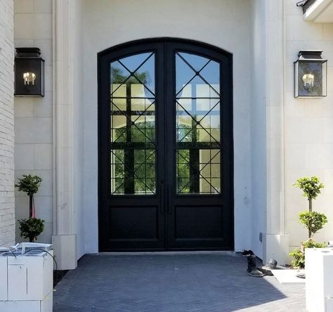 Transitional Doors - VisionMakers Double Front Door With Arched Transom, European Double Front Doors, Arched Front Door With Sidelights, Arched Front Door, Transitional Doors, Front Door Inspiration, House Improvement, Double Front Doors, Exterior Front Doors