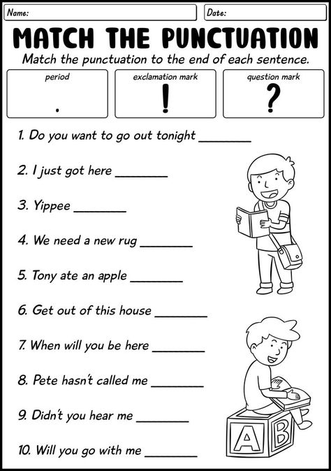 Improve your child's grammar and punctuation skills with our grade 1 punctuation worksheets. Help your child recognize and use periods, question marks, and exclamation points correctly. Start practicing today for better writing and language comprehension. #Grade1Grammar #PunctuationPractice #ElementaryEnglish #punctuationworksheetsgrade Kindergarten Punctuation Activities, Punctuation Worksheets 2nd Grade, Capital Letters Worksheet, English Poems For Kids, Worksheets For Grade 1, About Periods, Punctuation Worksheets, Basic English Sentences, Kindergarten Colors