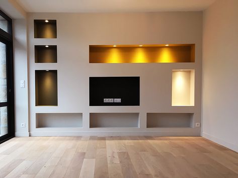 Niche Tv Wall, Niche Tv, Tv Niche, Niche Wall, Luxury Ceiling Design, Storage Bench Seating, Balcony Grill Design, Living Room Tv Unit Designs, Living Room Tv Unit