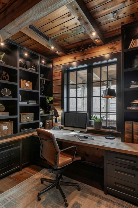 Cozy home office with wooden walls, black shelving, a desk with a computer, and a leather chair. Home Office Husband And Wife, Home Study Aesthetic, Moody Masculine Office, Home Office With Gym, L Desk Office Layout, Home Office Loft Ideas, Boss Cabin Design Office, Home Office With Library, Desk At Window