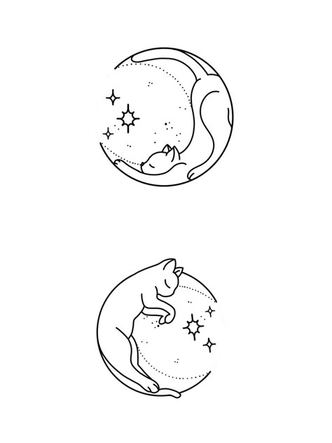 Moon Aesthetic Design, Cat On The Moon Drawing, Moon And Paw Print Tattoo, Luna Artemis Tattoo, Matching Coi Fish Tattoos Ideas, Cat In Moon Tattoo, Cat Tattoo Moon, Ying Yang Cat Tattoo, Moon And Cat Tattoo