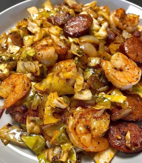 Sausage Fried Cabbage, Cajun Cabbage Recipes, Sausage Shrimp Cabbage, Fried Cabbage Shrimp And Sausage, Southern Fried Cabbage With Shrimp Sausage And Bacon, Southern Fried Potatoes And Sausage, Cabbage Sausage And Shrimp Recipe, Cabbage And Fish Recipes, Fried Cabbage With Shrimp Sausage Bacon