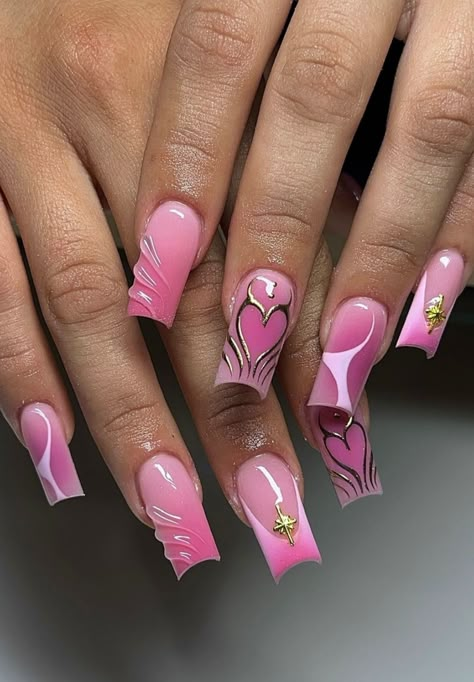 Pink And Red Airbrush Nails, Pink Chrome Nails Designs Short, Squiggles Nails, Short Square Pink Acrylic Nails, Purple And Pink Nails Design, Hot Pink And Silver Nails, Pink Xl Nails, Pink Square Nails Design, Medium Acrylic Nails Square