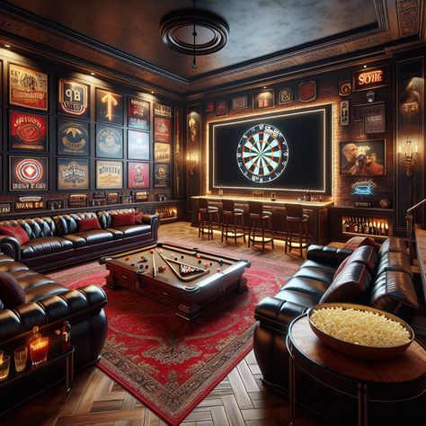 Explore an upscale man cave with vintage décor, a home theater system, and a bar corner. Enjoy a pool game, darts, or poker. This is the epitome of luxury & entertainment. #ManCave #HomeTheater #VintageDecor #LuxuryLiving #EntertainmentRoom #HomeBar Artistic Interior Design, Antique Billiards, Man Cave Basement, Home Cinema Room, Basement Bar Designs, Party Barn, Unique House Design, Cigars And Whiskey, Cinema Room