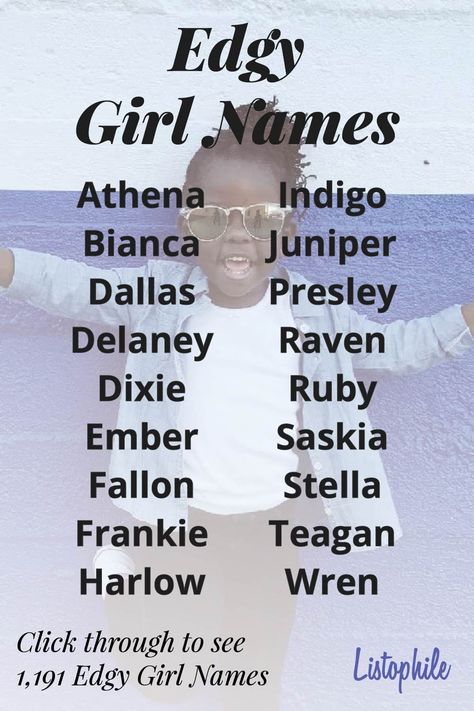 1,191 Edgy Girl Names. Bold, daring and trendy names. These edgy names are for baby girls with flair and zest for life. Click through to see more Edgy Girl Names. Edgy Girl Names, Nonbinary Names, Baby Pet Names, Trendy Names, Edgy Names, Cool Boy Names, Middle Names For Girls, Best Character Names