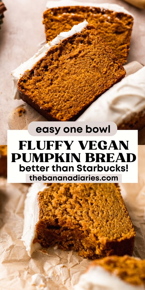 This is truly the best vegan pumpkin bread ever. It's just as delicious as Starbucks pumpkin bread, and so beyond easy to make. The texture is perfectly fluffy, soft, and moist, you won't even miss the eggs and dairy! Easily make it gluten free too! Banana Diaries, Vegan Thanksgiving Dessert, Maple Cream Cheese Frosting, Vegan Pumpkin Bread, Maple Cream Cheese, Pumpkin Bread Easy, Vegan Pumpkin Recipes, Vegan Baking Recipes, Vegan Thanksgiving Recipes