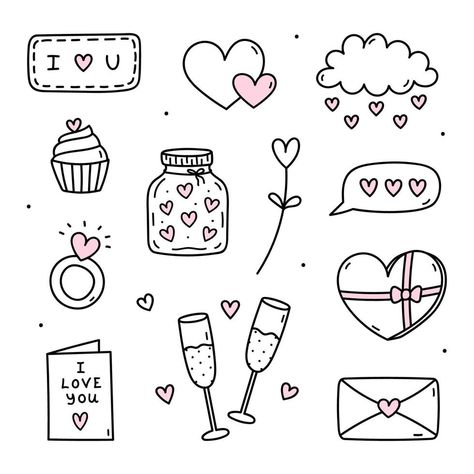 Cute set of doodles for Valentine's Day - glasses of champagne, love cards, envelopes, jar with hearts and others. Vector hand-drawn illustration. Perfect for holiday designs, stickers, decor. Couples Doodles, Valentines Day Love Letters, Heart Pattern Design, Boyfriend Scrapbook, Valentine Drawing, Valentine Vector, Valentine Doodle, Cute Drawings Of Love, Valentines Day Doodles