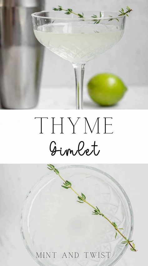 This thyme gimlet is crisp and fresh, lightly scented with fresh thyme. A classic gimlet is a gin cocktail with lime cordial. This thyme gin cocktail is a spin on this, with fresh lime juice and simple thyme syrup. Thyme with its earthy flavor and a hint of mint pairs wonderfully with bright and tangy and bright lime. Thyme Gin Cocktail, Thyme Simple Syrup, Gimlet Recipe, Classic Gin Cocktails, Gin Recipes, Gin Drinks, Gimlet, Gin Cocktail, Garden Recipes