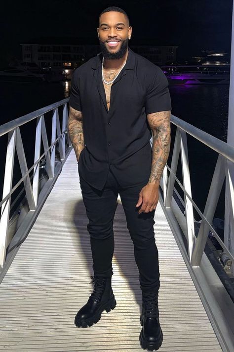 Mens Black Jeans Outfit Casual, Men All Black, Black Man Date Night Outfit, Black Men All Black Outfit, Man All Black Outfit, All Black Casual Outfit Men, Black Short Sleeve Button Up, Men Birthday Outfit Ideas, Men Short Sleeve Button Up Outfit