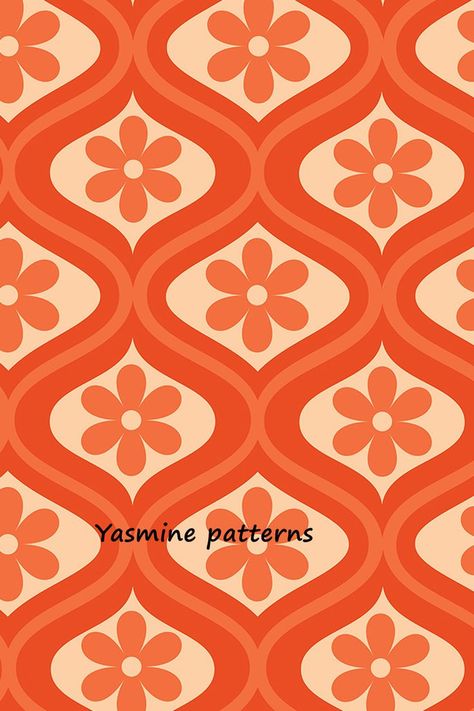 Retro Orange Flower Pattern on Mid Century oval ogee Ogee Repeat Pattern Design, Retro Patterns 70s, Orange Pattern Aesthetic, 70s Prints Pattern, 70s Shapes, 1970 Pattern, Retro Design Pattern, 70s Graphic Design, 60s Flower Pattern