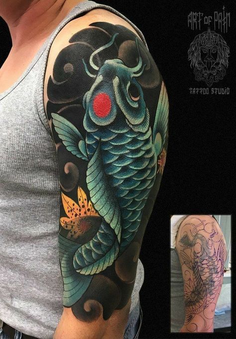 Pez Koi Tattoo, Koi Dragon Tattoo, Arm Cover Up Tattoos, Forearm Cover Up Tattoos, Cover Up Tattoos For Men, Tatuaje Cover Up, Japanese Koi Fish Tattoo, Carp Tattoo, Koi Tattoo Sleeve