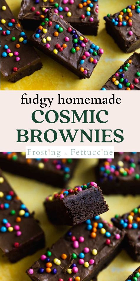 This fudgy cosmic brownie recipe will bring back all your childhood memories! These brownies are fudgy and chocolatey, and are topped with a delicious brownie frosting and rainbow crunch sprinkles. These copycat cosmic brownies will have you thinking its the real thing! Cosmic Brownie Recipe, Homemade Cosmic Brownies, Sprinkle Brownies, Dairy Free Frosting, Dairy Free Brownies, Cosmic Brownies, Brownie Frosting, Brownies Recipe Homemade, Brownie Toppings