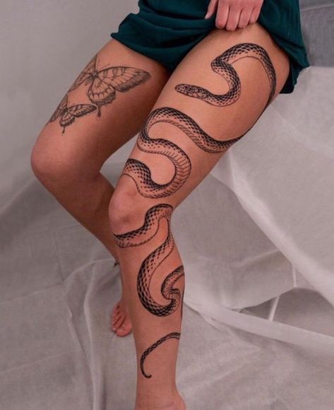 Snake Tattoo Body Women, Tattoo Ideas Snake Leg, Snake Down Leg Tattoo, Snake On Leg Tattoo Woman, Snake Tattoos Wrap Around Leg, Snake Torso Tattoo Women, Tattoo Snake Thigh, Snake Sleeve Tattoos For Women, Snake Tattoos Around Leg