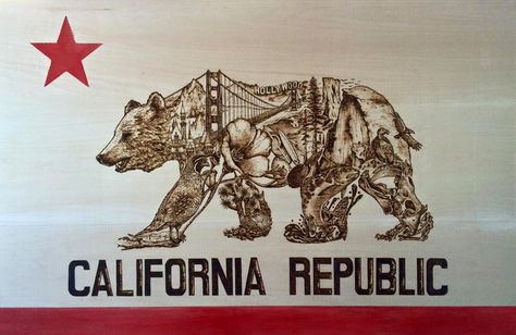 ArtStation - California Flag - Wood Burning, Liliana Mai California Flag Art, California Bear Tattoos, Cali Tattoo, Mexican Wallpaper, California Logo, California Pictures, California Tattoo, Aztec Tattoo Designs, California Flag