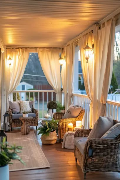 Porch Front Of House, High Porch Ideas, Privacy On Porch Ideas, Wraparound Porch Decorating Ideas, Comfy Front Porch Ideas, Back Porch Bench Seating, Updating Screened In Porch, Comfy Back Porch Ideas, White House Front Porch Ideas