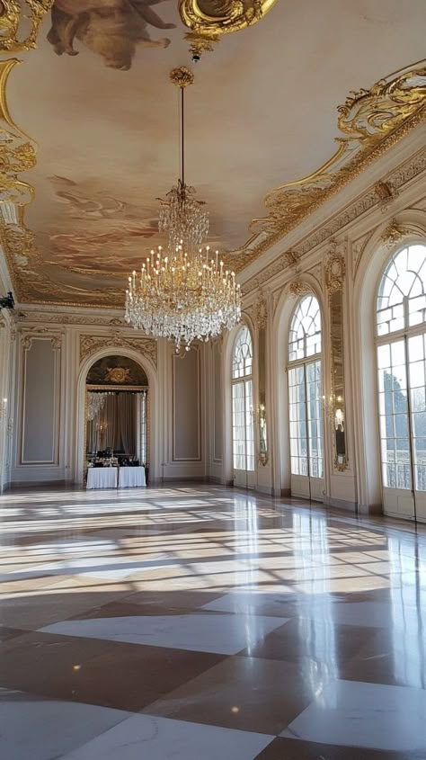 Small Ballroom In House, Ballroom In House, Old Money Ballroom, Royal Foyer, Royal Ballroom Aesthetic, Glass Ballroom, Potter Mansion, Ball Room Aesthetic, Home Ballroom