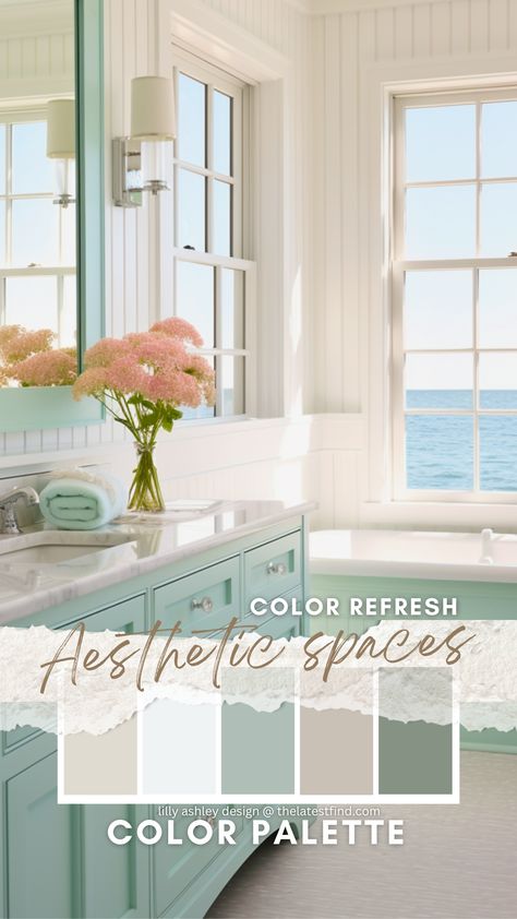 Creating a Coastal Bathroom: Light and Bright Color Scheme with Ocean Blues and Seafoam Greens Guest Bath Color Scheme, Sea Foam Bathroom, Teal And White Bathroom, Sea Green Bathrooms, Blue Beadboard, Green Bathroom Colors, Light Green Bathrooms, Blue Green Bathrooms, Aqua Color Palette