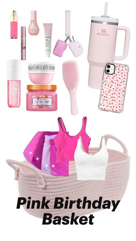 #preppy #Stanley #preppyaesthetic #lululemon #SoldeJaneiro Pink Birthday Basket, Preppy Stanley, Lululemon Gifts, Birthday Basket, Gift Basket Ideas, 11th Birthday, Preppy Aesthetic, Pink Birthday, Basket Ideas