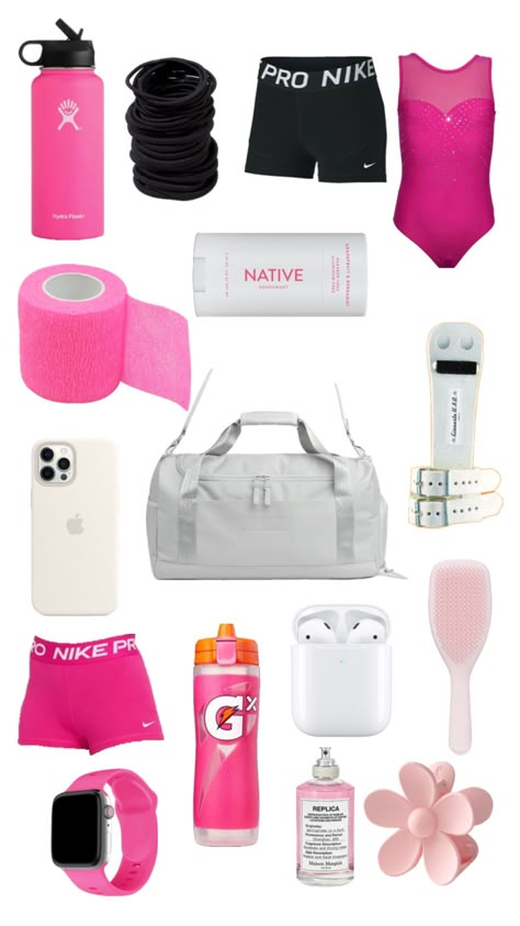 Gym bag x What To Put In Your Gymnastics Bag, Track Bag Essentials, Gym Class Outfits, Dance Bag Essentials, Tennis Bag Essentials, Netball Outfits, Dance Convention Outfits, Girls Gym Bag, Gymnastics Things