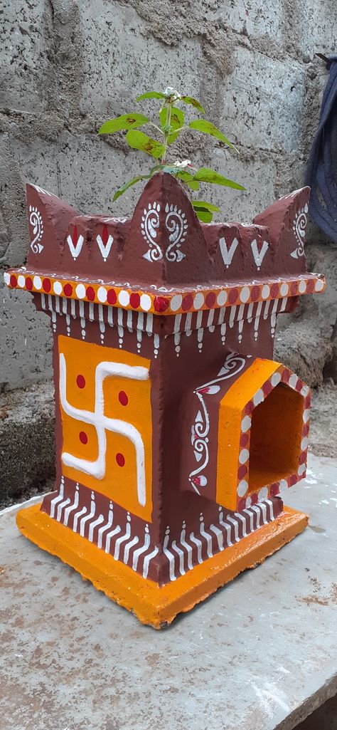 Simple and handmade Tulasi Kota design by Niharika Tulasi Kota Designs In Balcony, Tulasi Kota Designs Painting, Tulasi Pot Design, Thulasi Kota Designs, Tulsi Pot Painting Ideas, Tulasi Kota Designs, Tulasi Decoration, Tulasi Pot Designs Painting, Thulasi Plant Decoration