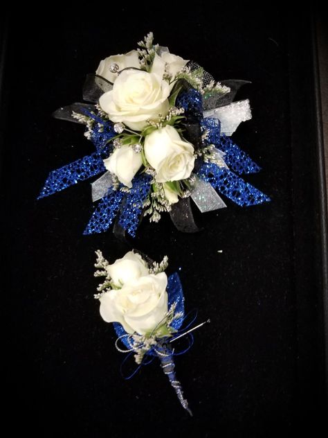 Blue And Silver Boutonniere, Blue And Silver Corsage, Navy Blue And Silver Corsage And Boutonniere, Black And Blue Corsage And Boutonniere, Blue Black And White Corsage, Prom Flowers Corsage, Wrist Corsage Prom, Homecoming Flowers, Boutonnieres Prom