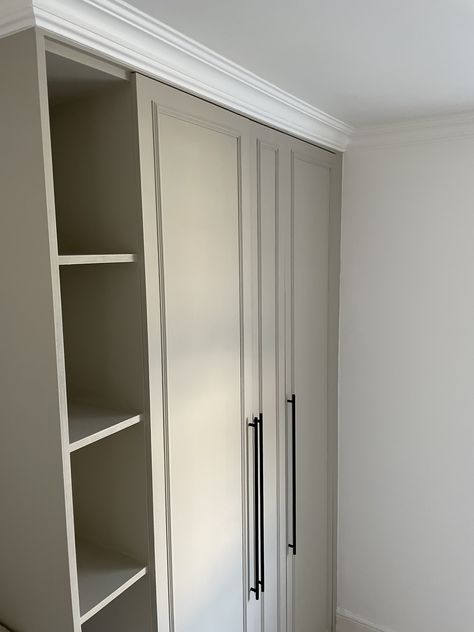 An IKEA PAX hack makes a custom closet for an awkward alcove | Livingetc Wardrobe Alcove, Linen Storage Ideas, Ikea Pax Corner Wardrobe, Ikea Built In Wardrobes, Pax Closet System, Ikea 2023, Ikea Pax Doors, Ikea Cupboards, Emily Clarke