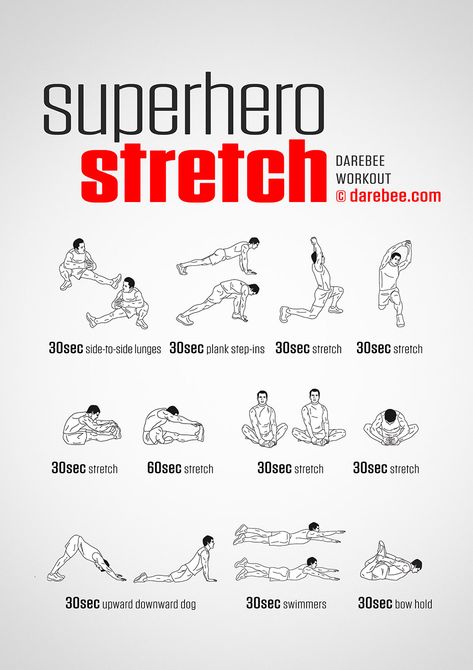 Superhero Stretch Darebee Workout, Pre Workout Stretches, Full Body Stretching Routine, Stretches Before Workout, Daily Stretching Routine, Home Workout Men, Superhero Workout, Stretching Routine, Evening Workout