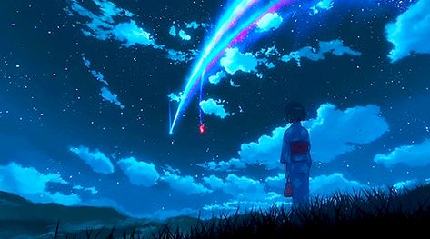 Your Name Your Name Gif Anime, Anime Night Sky Gif, Anime Night Gif, Anime Sky Gif, Night Sky Gif, Blue Anime Gif, Light Walkway, Kimi No Nawa, Summer Gif