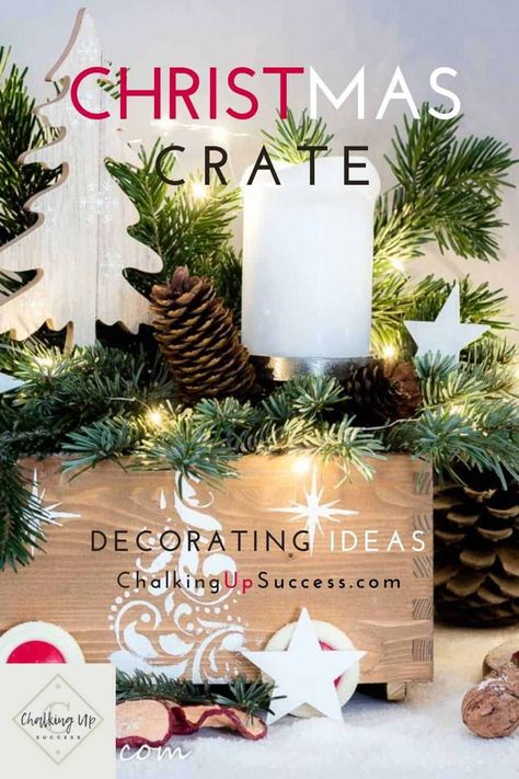 Decorate and style a wooden crate for Christmas! This DIY Christmas craft project tutorial teaches you how to upcycle a small wooden a crate by using wood-stain and Christmas stencils! Then we're going to style it up for the holidays, using greens, Christmas ornaments and more. Includes my super easy tip for successful styling every time! #christmascrateideas #christmascrateideas #christmascratedecor Wine Box Diy, Wooden Crates Christmas, Wood Letter Crafts, Christmas Crate, Crate Decor, Wooden Box Diy, Rustic Wood Decor, Crate Diy, Wooden Home Decor