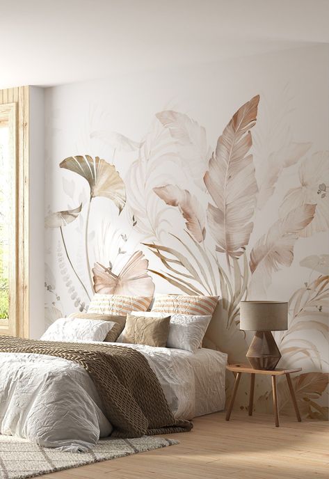 Design Ložnic, Mural Tropical, Boho Bedroom Ideas Hippie, Minimalist Bed, Bed Design Modern, Bedroom Murals, Beige Wallpaper, Decor Studio, Bedroom Boho