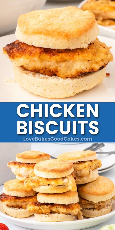 chicken biscuits pin collage Healthy Chicken Biscuit Sandwich, Chicken And Biscuits Sandwich, Chicken And Biscuit Sandwich, Chicken For Breakfast Ideas, Chicken Biscuit Recipes, Chicken Breakfast Sandwich, Breakfast With Chicken, Chicken Biscuit Sandwich, Sandwich Specials