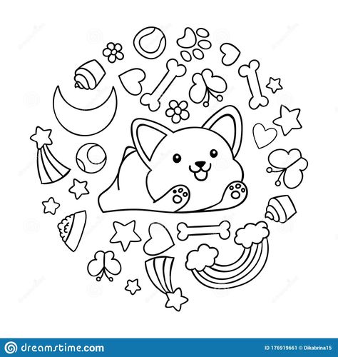 Coloring Pages, Black and White Cute Kawaii Hand Drawn Corgi Dog Doodles, Circle Print Stock Vector - Illustration of puppy, cartoon: 176919661 Dog Doodles, Black And White Coloring Pages, Circle Print, Cute Black And White, Corgi Dog, Cute Kawaii, Free Coloring Pages, Cute Black, Animal Drawings