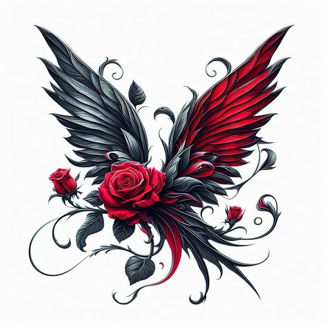 Roses With Wings Tattoo, Thigh Tattoos Women Cover Up, Girly Skull Tattoos, Rose Heart Tattoo, Ink Tattoo Design, Red Tattoo Ideas, Art Inspired Tattoos, Red Ink Tattoo, Shoulder Blade Tattoo